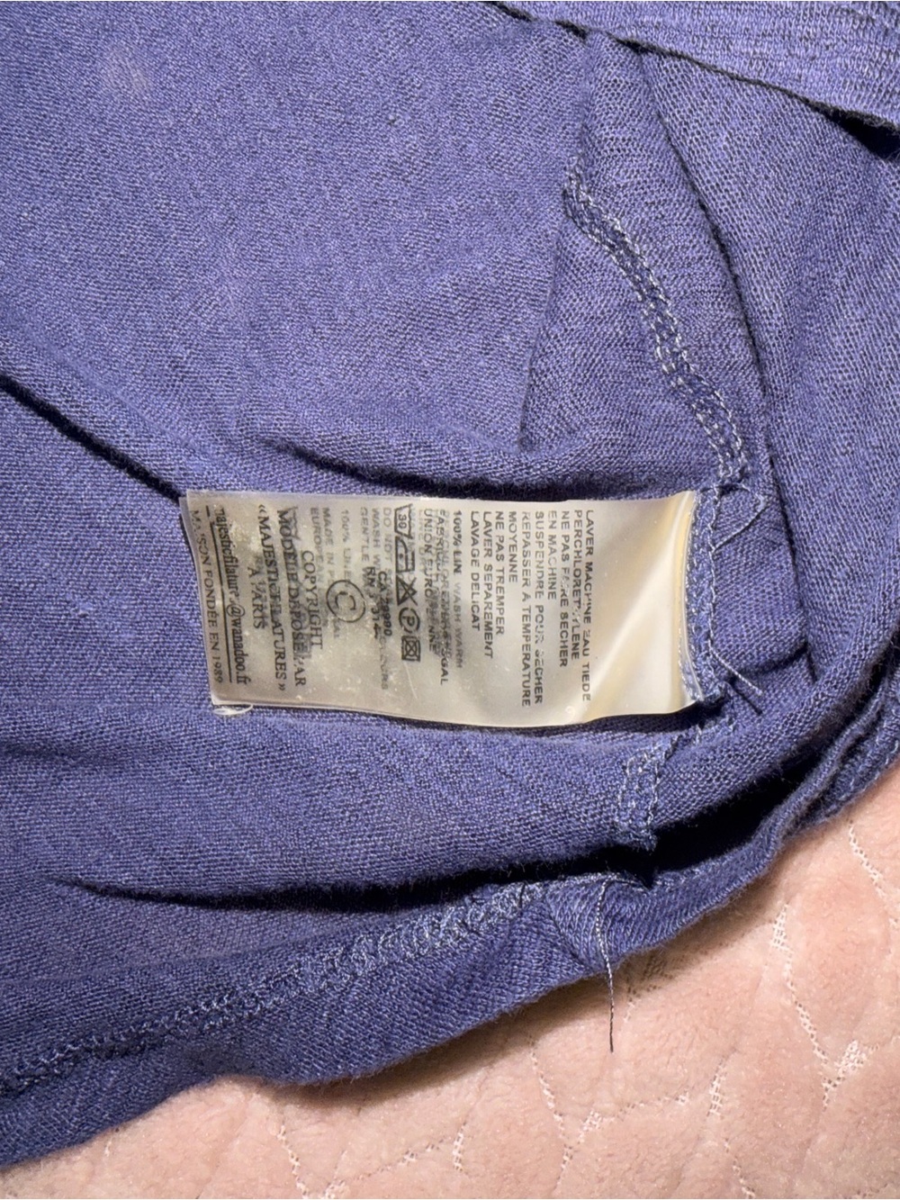 Majestic Filatures 100% Linen Stretch V-Neck Short Sleeve Blue Tee Sz 1 - Picture 3 of 3
